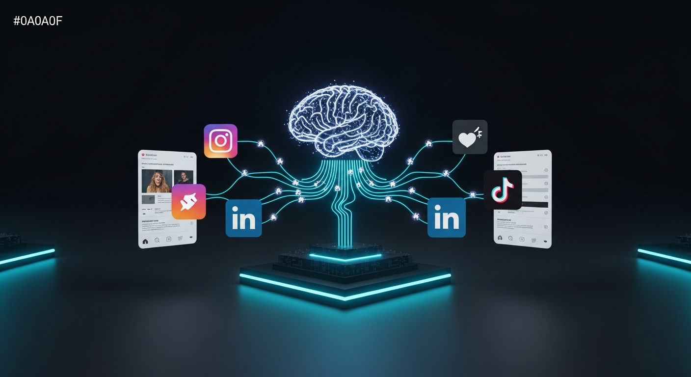 AI-powered social media workflow automation dashboard showing multi-platform content publishing in 2026