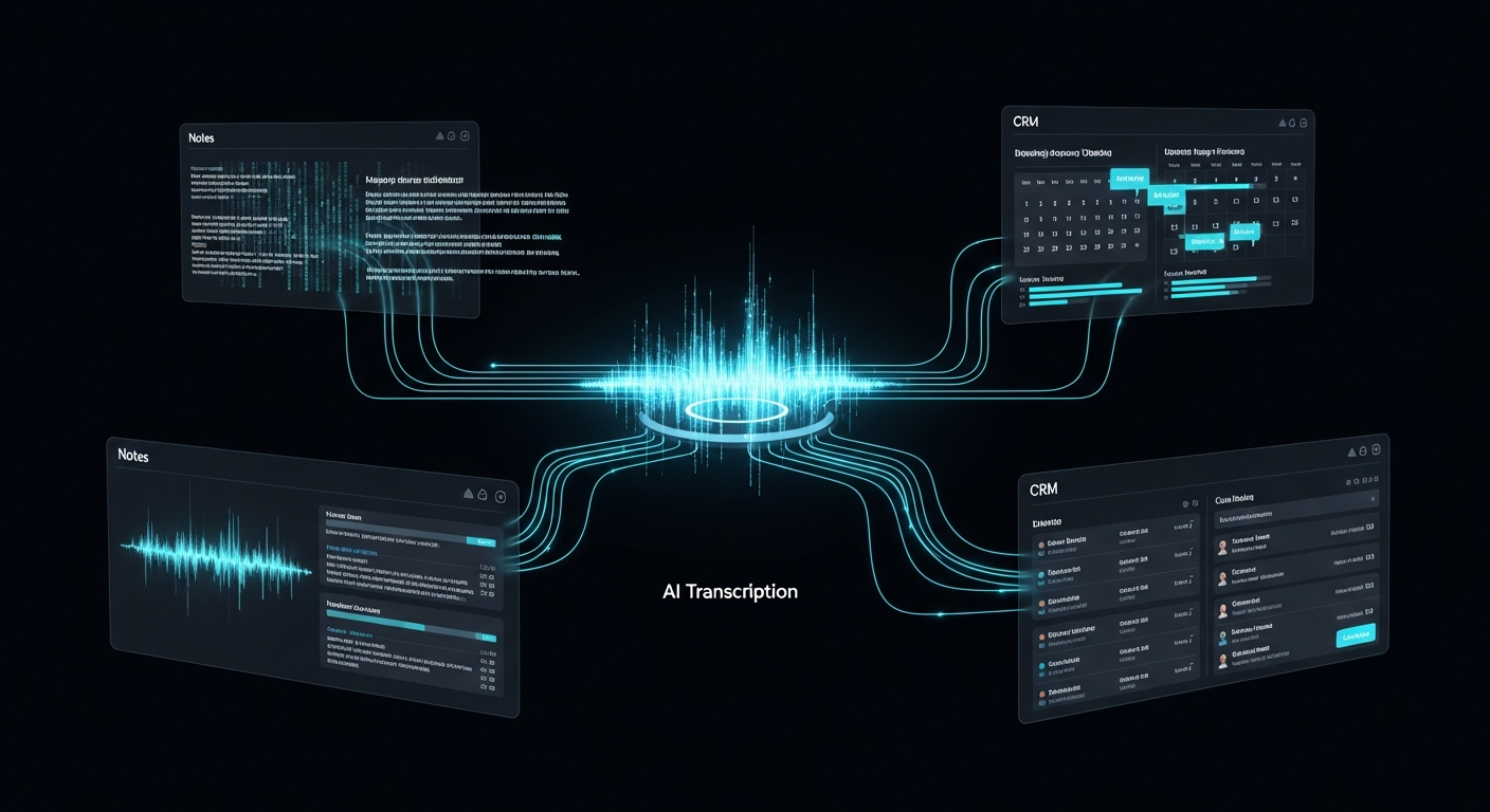 AI transcription workflow integration diagram showing how transcription connects to productivity stack